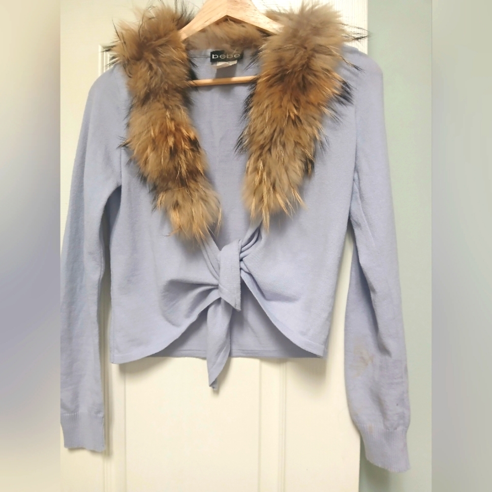 BEBE Blue wap Sweater with Faux Fur Collar
